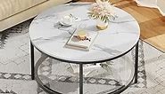 YITAHOME White Marble Round Coffee Table with Glass for Living Room, 2-Tier Circle Coffee Table with Storage Clear Coffee Table, Simple Modern Center Cocktail Table White & Black