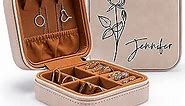 Custom Leather Customized Jewelry Organizer Box w/Name & Birth Flower Month - Birthday Gifts for Women, Mom Personalized Jewelry Travel Case - Beige