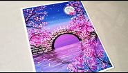 Beautiful Moonlight Cherry Blossom Bridge Scenery Painting for Beginners/ Easy Acrylic Painting