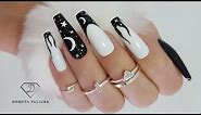 Flame nails. Black and white stars and moons nails. Black french nails