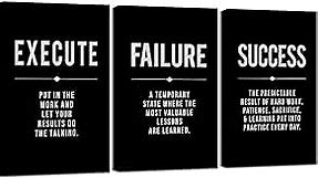 Framed Canvas Wall Art Success Quote For Office, Black Large Positive Motivational Poster, Set of 3, Execute Failure Definition, Inspirational Print (A-3pcs,12x16inchx3pcs)