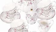 fanquare Vintage Porcelain Tea Set for Women Tea Party, Tea Cup and Saucer Set for 6, Wedding Floral Teapot Set for Adults, Pink Rose