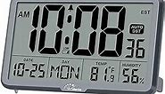 WallarGe Auto Digital Wall Clock with Temp, Humidity, Date, Alarm - For Elderly, Office, 8 Time Zones, Auto DST