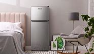 Galanz 4.6. Cu ft Two Door Mini Refrigerator with Freezer, Stainless Steel, New, Width 19.13"