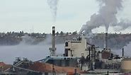 White Smoke Billowing From Industrial Stacks Of Paper Mill In Tacoma. Environmental pollution of air
