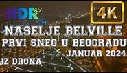 Snimak iz drona - Prvi sneg u Beogradu 2024. naselje Belville - Novi Beograd Blok 67 noću HDR 4K