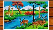 Forest Scenery Drawing Step By Step | Wildlife Drawing Easy | Forest Scenery Drawing With Animals