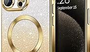 Hython for iPhone 15 Pro Max Case Clear Magnetic Glitter Phone Cases [Compatible with MagSafe] Full Camera Lens Protector Slim Gradient Sparkle Luxury Plating Shockproof Protective Cover Women, Gold