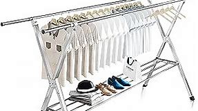 JAUREE Clothes Drying Rack 2 Tiers, Heavy Duty Drying Rack Clothing Folding Indoor Outdoor, Stainless Steel Laundry Drying Rack, Foldable Garment Rack with 20 Windproof Hooks (84 Inches)