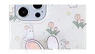 Cream White Floral Bunny Phone Case for iPhone 11, Cute Korea 3D Rabbit Tulip Flower Cartoon Case with Rabbit Hold Stand for Women Girls