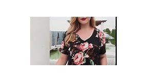 VOIANLIMO Womens Plus Size Casual Tops V Neck Short Sleeve Shirt Floral Blouses Tunic Tops M-4X