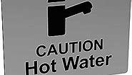 Caution Hot Water, Tap Sink Sign with Adhesive Sticker Backing, Metallic Silver Engraved Black with Universal Icon Symbol and Text (Size 4.5in x 3.5in)
