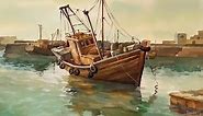 Watercolor Painting : Fishing Boats on Sea