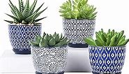Selamica Ceramic Succulent Pots with Drainage Holes, Small Flower Pots 3.5 Inch Plant Pots for Indoor Plants with Saucers, Cactus Succulent, Home Decor, Set of 4, Vintage Blue