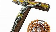 Crucifix Wall Cross, Handmade Catholic Crosses with Wooden Rosary, Wood Crucifix for Wall, Jesus Christian Wall Hanging Cross 10 Inch
