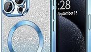 Hython for iPhone 15 Pro Max Case Clear Magnetic Glitter Phone Cases [Compatible with MagSafe] Full Camera Lens Protector Slim Gradient Sparkle Luxury Plating Shockproof Protective Cover, Light Blue