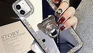 LUVI Compatible with iPhone 12 Mini Diamond Glitter Case Makeup Mirror with Ring Holder Kickstand Stand Bling Rhinestone Crystal Cute for Women Girls with Finger Grip Case 5.4 inch Silver