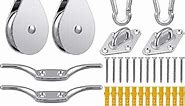 9 Pcs Pulley System Set M50 Crane Pulley Block, Pulley System for Lifting, Stainless Steel Swivel Hook Single Pulley Block with 66ft Nylon Rope Hook, Rope Cleat, Eye Pad Plate and Screw