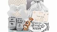 Baby Shower Gifts, Baby Boy Gifts Basket Includes Newborn Blanket Baby Lovey Security Blanket Wooden Rattle Toy, Funny Baby Bibs Socks & Greeting Card - Baby Gift Set Newborn Shower Basket