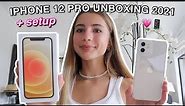 IPHONE 12 PRO UNBOXING + SET UP 2021 *white iphone + review*