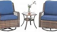 PHI VILLA Oversized Outdoor Wicker Patio Furniture Set 3 Piece, 2 Rattan Swivel Rocker Patio Chairs Large Oversized Deep Seating Group with Navy Blue Cushions & Side Table