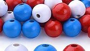 120pcs Independence Day Natural Wood Beads 16mm Patriotic Round Wooden Beads Red White Blue Wood Ball Beads Loose Beads for 4th of July Garland Home Decoration Jewelry Making