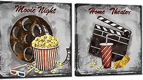 Zlove 2 Pieces Vintage Movie Theater Canvas Wall Art Old Film Reels Clapper Popcorn Poster Print for Home Theater Room Bedroom Decor Ready to Hang 12x12inchx2pcs