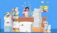 Overwhelmed Employee at office with a lot of Document and Work. The Poor Secretary Overworked with Stress. Overload Female Worker with Panic and Burnout. Flat Design Animation