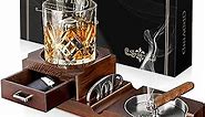 Grovind Cigar Ashtrays, Whiskey Glass Tray and Wooden Ash Tray Detachable Outdoor Ashtray for Cigarettes, Cigar Accessories Gift Set with Cigar Cutter, Great Decor for Home Office Cigar Gifts for Men