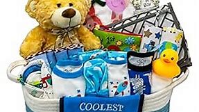 Bundle of Joy Deluxe Baby Boy Gift Set, Baby Layette Set with 25-Piece New Baby Essentials, Baby Gift Basket for Expecting Moms, Blue - Nikki’s Gift Baskets