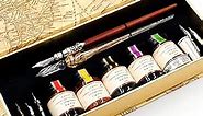 GC QUILL MU-02 Calligraphy Pen Set, Glass Dip Pen and Handcrafted Wooden Dip Pen Gift Set with 5 Colors Calligraphy Ink 6 Nibs 1 Pen Holder, Calligraphy Set for Beginners