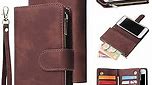 UEEBAI Wallet Case for iPhone SE 2022 5G/iPhone 7/iPhone 8/iPhone SE 2020, Premium PU Leather Magnetic Handbag Zipper Pocket Card Slots with Wrist Strap Flip Case for iPhone SE3/SE2 - Coffee