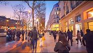 Paris Walk at Dusk along Champs-Élysées - Famous Shopping Avenue 🇫🇷 4K 60FPS