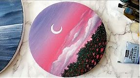 Aesthetic acrylic painting for beginners | easy pink sky landscape painting on round canvas