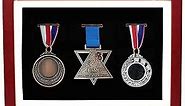 Medal Display Shadow Box, Medal Display Frame, 3 Medals Display Case, Perfect Medal Display for War Military, Runners, Marathon, RECE Winner, Football, Gymnastics & All Sports (Red Wood, 13x9.5'')