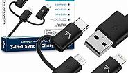 Tech Armor 3-in-1 (Type C/Lightning/Micro) USB Charging Cable - Sync/Charge Apple and Android - 3 Foot Black - mFi Certified