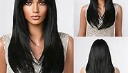 Black Wigs For Black Women Long Straight Layered Wigs With Curtain Bangs Synthetic Heat Resistant Wig Natural Looking Wigs For Daily Use