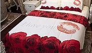 3D Comforter Set Queen - Red and White Rose Print Comforter Set Queen Size Floral Room Decor Bedding Set Aldult Quilt with 2 Pillowcases for All Seasons