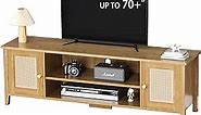 63" Natural Wood TV Stand Console for 70+ Inch TV, Rattan TV Stand with 2 Cabinets, Adjustable Shelf, Solid Wood Feet, 4 Cable Holes, Entertainment Center for Living Room