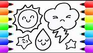 WEATHER DRAWING for KIDS: Sun, Clouds, Rain, Stars! Paint Coloring Book Pages