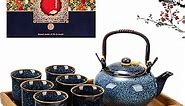 Layhit Asian Tea Set Japanese Tea Set for Adults with 1 Teapot 6 Tea Cups 1 Tea Tray Traditional Portable Japanese Kiln Altered Glaze Porcelain Tea Set for Tea Women Mother's Day Gifts(Blue)