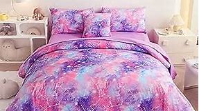 Purple Galaxy Twin Bedding Sets for Girls Kids, Constellation Tie Dye 6 Pcs Bed in a Bag Twin Comforter Set with Sheet
