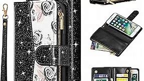 UEEBAI Wallet Case for iPhone 7 Plus/iPhone 8 Plus, Glitter PU Leather Magnetic Closure Handbag Zipper Pocket Case Kickstand Card Holder Slots with Wrist Strap TPU Shockproof Flip Cover - Bling Black