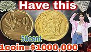 The South African Fifty Cents coin (50) is a small circulating coin of the Rand currency.