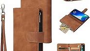 UEEBAI Wallet Case for iPhone 14 Pro Max 6.7 inch, Premium Vintage PU Leather Magnetic Closure Handbag Zipper Pocket Case Kickstand Card Slots with Wrist Strap Shockproof Flip Case - Brown