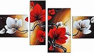 Noah Art-Hand Painted Canvas Wall Art Flowers, Spring Bloom Tulip Modern Flower Paintings, 4 Panel Stretched Red Flower Pictures Wall Decor for Bedroom