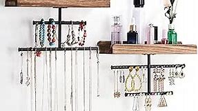 Keebofly Hanging Wall Mounted Jewelry Organizer with Rustic Wood Jewelry Holder Display for Necklaces Bracelet Earrings Ring Set of 2 Carbonized Black,[Patented]
