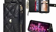 LAMEEKU Wallet Case Compatible with iPhone 11, Card Holder Quilted Leather Crossbody Wallet Case for Lady with Hand Strap Shockproof Case for iPhone 11, 6.1 Inch-Black