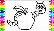 LEARN HOW TO DRAW AND COLOR CUTE CARTOON WORM EATING APPLE| COLORING PAGES FOR KIDS|TODDLERS|BABIES