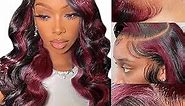 Skunk Stripe Wig Dark Burgundy With Rose Red Highlights Body Wave Lace Front Wig Human Hair 13X4 HD Transparent Lace Front Wig Human Hair Colored Body Wave Wigs Pre Plucked With Baby Hair 150% Density Human Hair For Women Natural Hairline 20inch